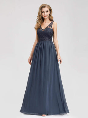 Color=Denim | Bridesmaid Dress With Lace Bust And V-Neck-Denim 3