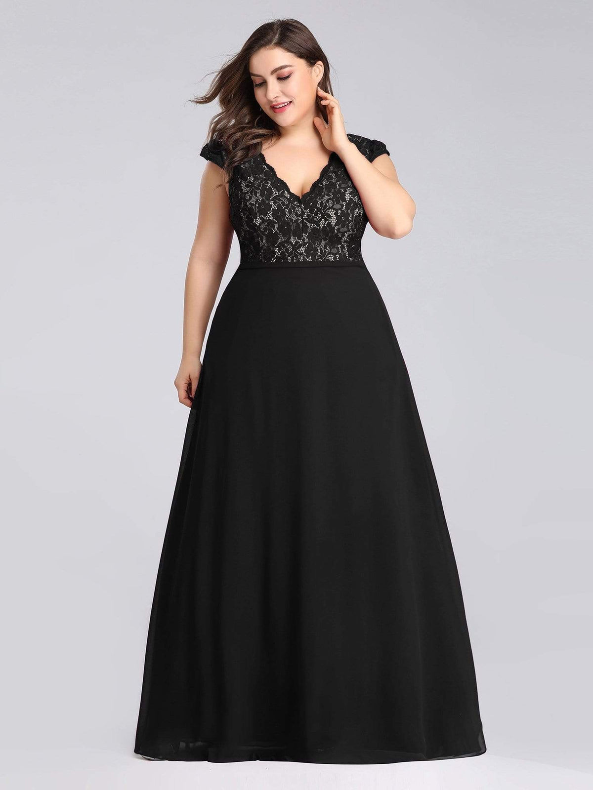 Color=Black | Plus Size Long Evening Dress With Lace Bust-Black 2