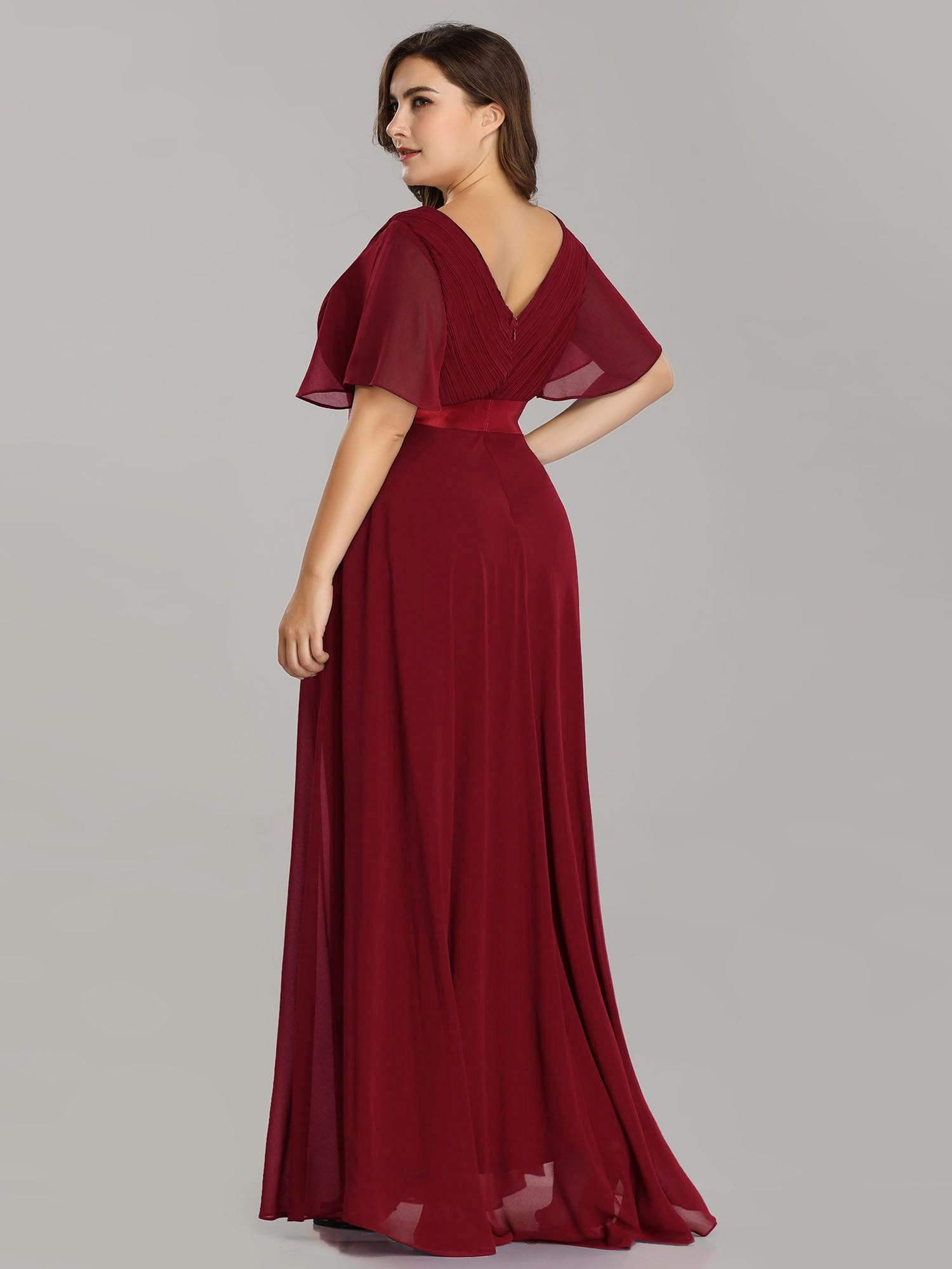 COLOR=Burgundy | Plus Size Long Empire Waist Evening Dress With Short Flutter Sleeves-Burgundy 4