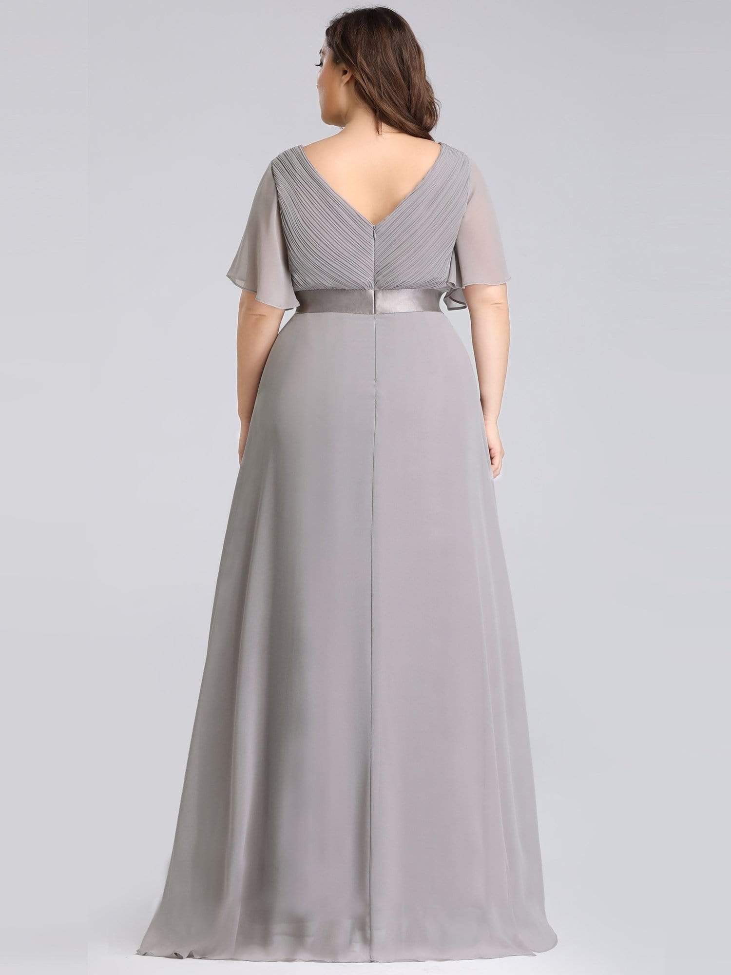 COLOR=Grey | Plus Size Long Empire Waist Evening Dress With Short Flutter Sleeves-Grey 4