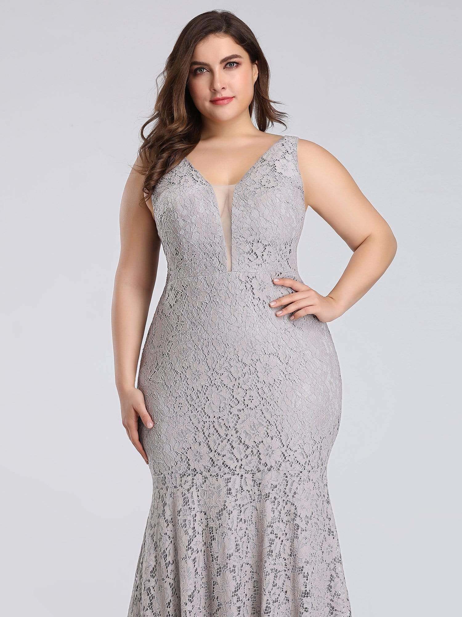 Color=Grey | Plus Size Sexy Fitted Lace Mermaid Style Evening Gown-Grey 5