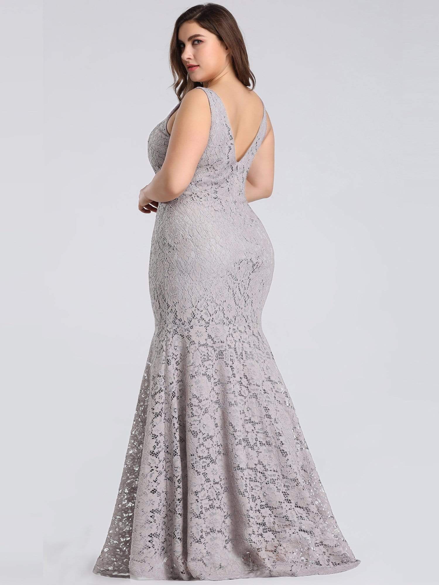 Color=Grey | Plus Size Sexy Fitted Lace Mermaid Style Evening Gown-Grey 4