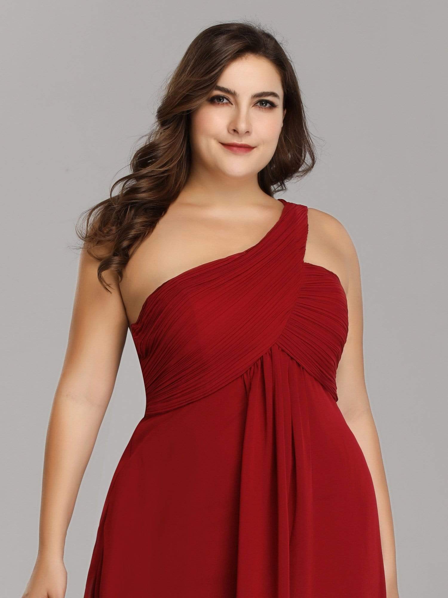 Color=Burgundy | Plus Size One Shoulder Evening Dress-Burgundy 3