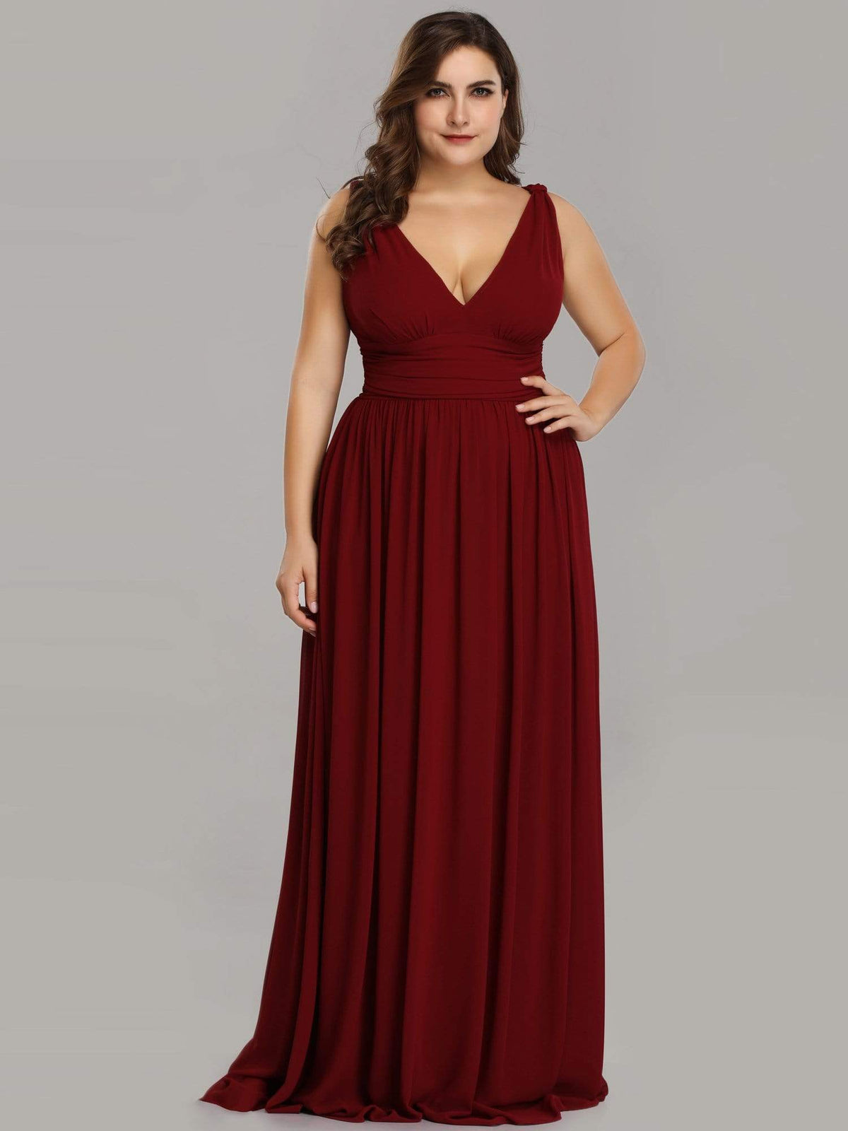 COLOR=Burgundy | Plus Size Sleeveless V-Neck Semi-Formal Chiffon Maxi Dress-Burgundy 1