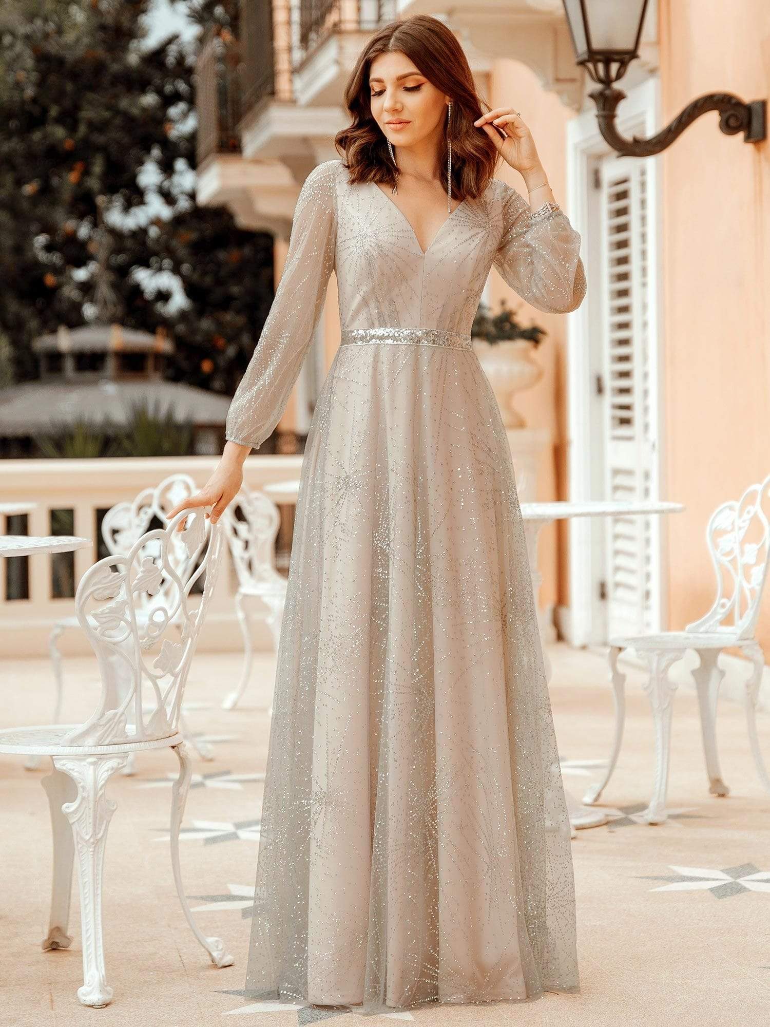 Color=Grey | Elegant Deep V-Neck Lantern Long Sleeve Dresses-Grey 1