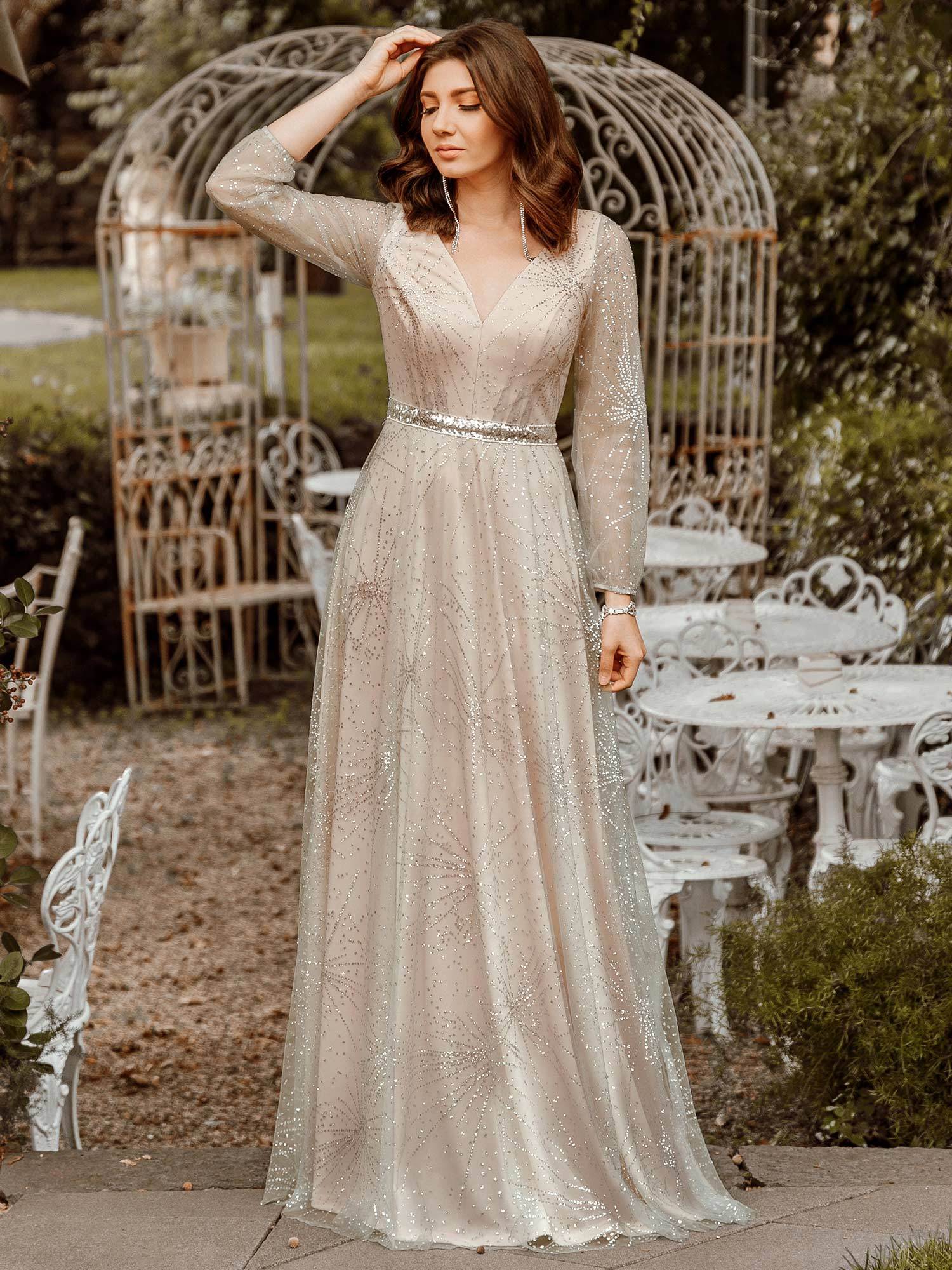 Color=Grey | Elegant Deep V-Neck Lantern Long Sleeve Dresses-Grey 2