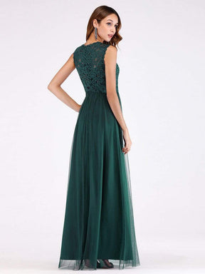 Color=Dark Green | Elegant A Line V Neck Hollow Out Long Bridesmaid Dress With Lace Bodice-Dark Green 2