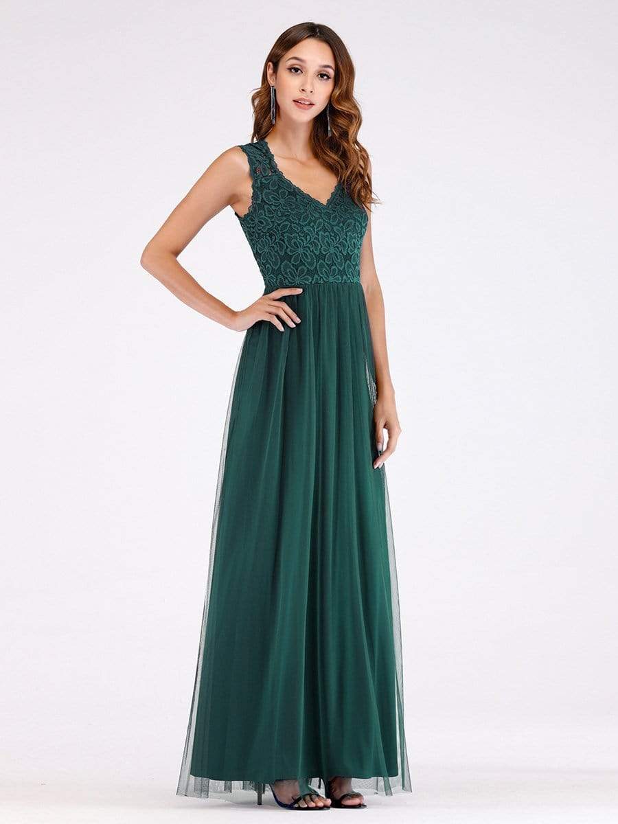 Color=Dark Green | Elegant A Line V Neck Hollow Out Long Bridesmaid Dress With Lace Bodice-Dark Green 3
