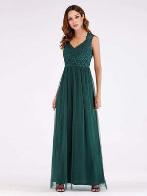 Color=Dark Green | Elegant A Line V Neck Hollow Out Long Bridesmaid Dress With Lace Bodice-Dark Green 4