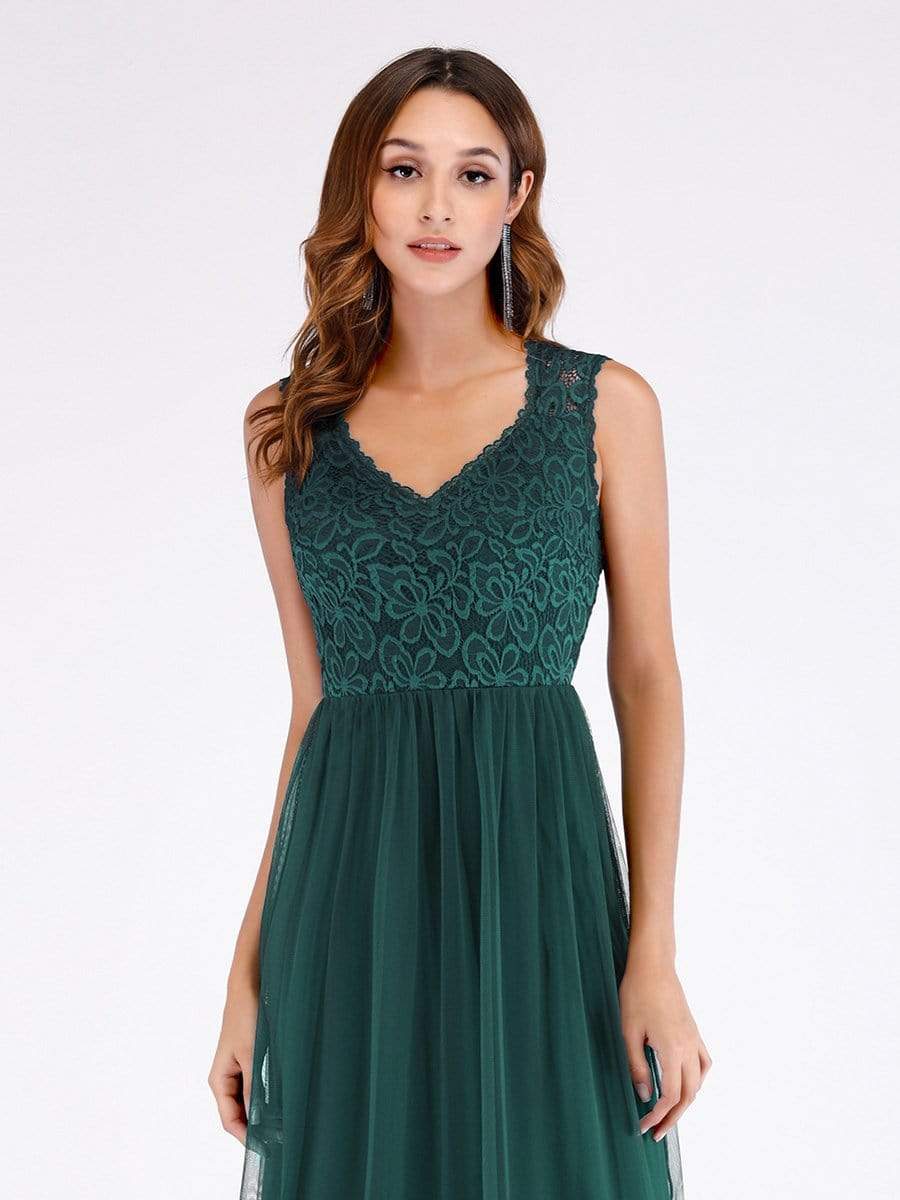 Color=Dark Green | Elegant A Line V Neck Hollow Out Long Bridesmaid Dress With Lace Bodice-Dark Green 5