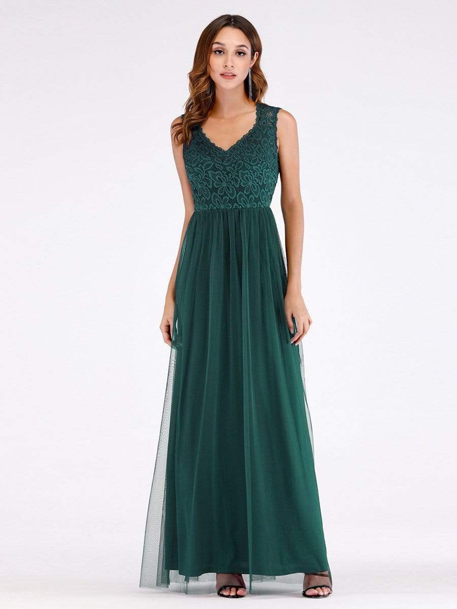 Color=Dark Green | Elegant A Line V Neck Hollow Out Long Bridesmaid Dress With Lace Bodice-Dark Green 1