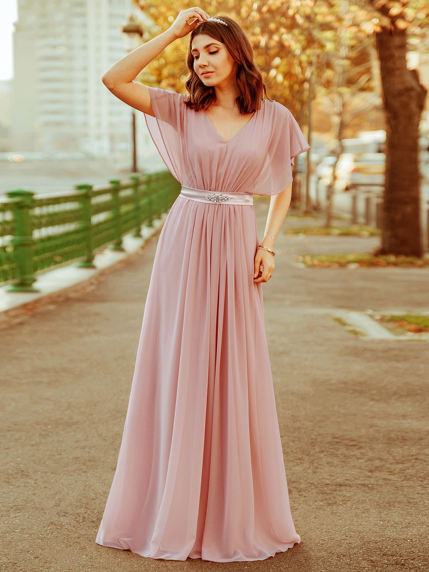 Color=Mauve | Long Flowy Evening Dress With V Neck-Mauve 1