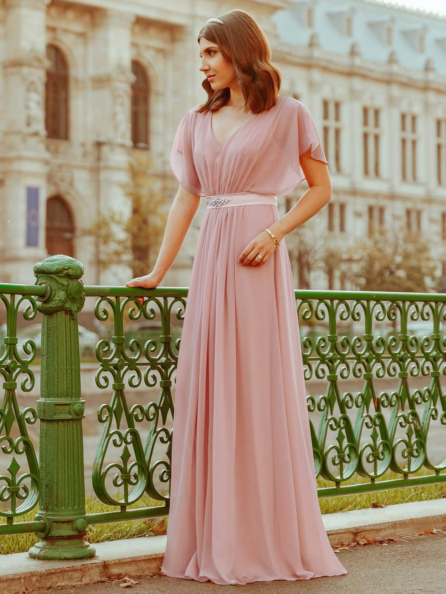 Maxi Long Flowy Chiffon Evening Dress with Short Sleeve