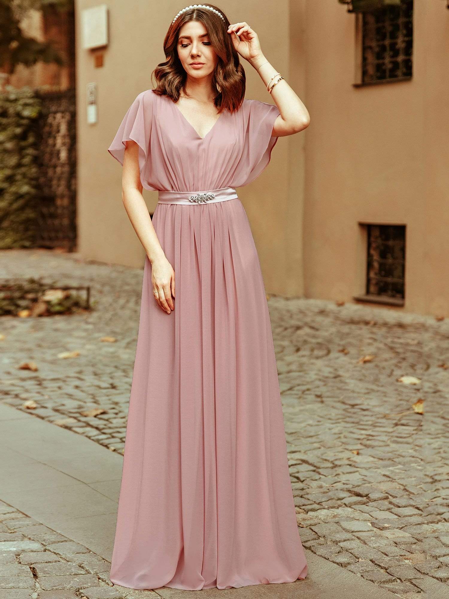 Color=Mauve | Long Flowy Evening Dress With V Neck-Mauve 2