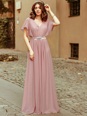 Color=Mauve | Long Flowy Evening Dress With V Neck-Mauve 2