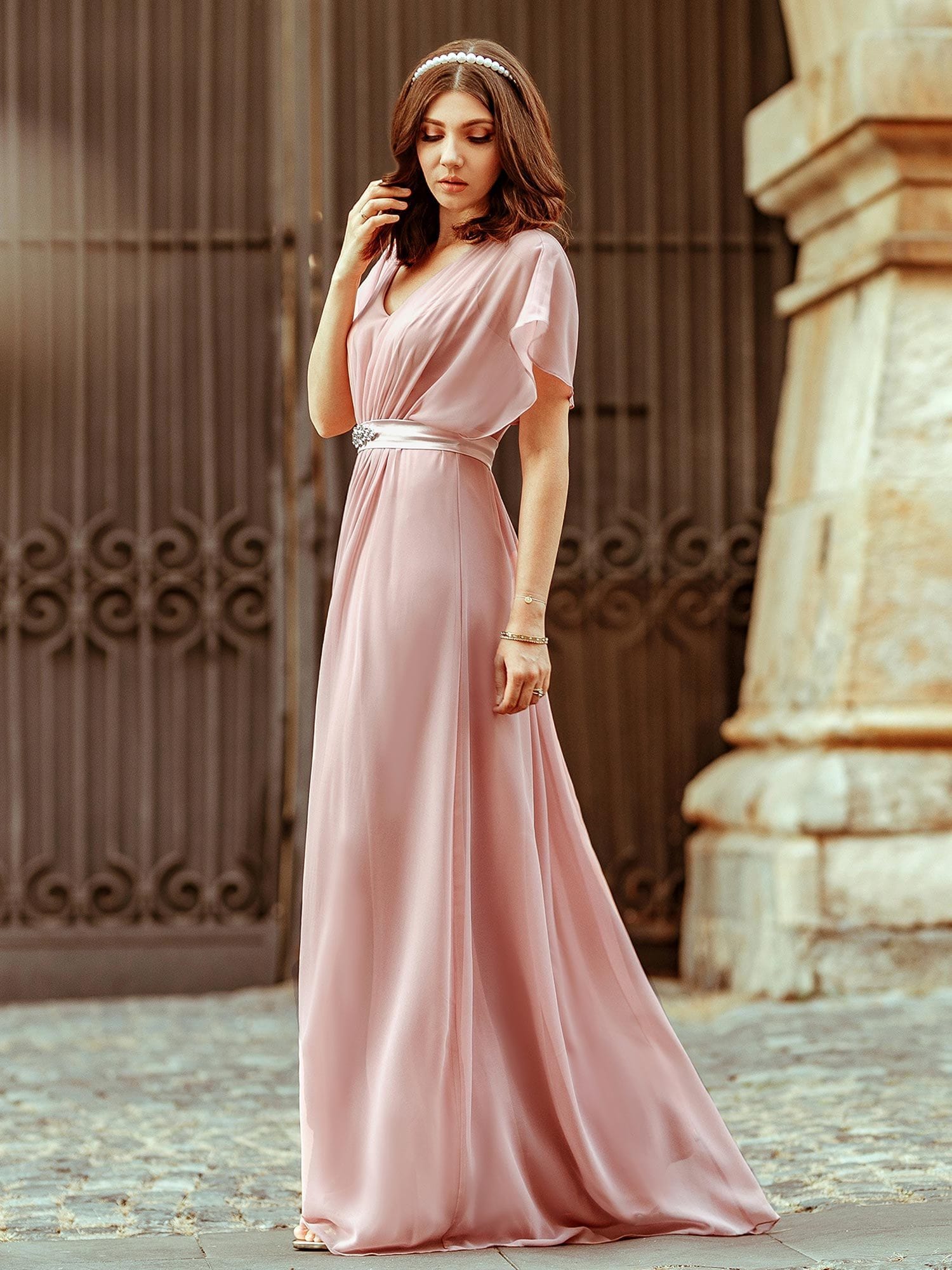 Color=Mauve | Long Flowy Evening Dress With V Neck-Mauve 4