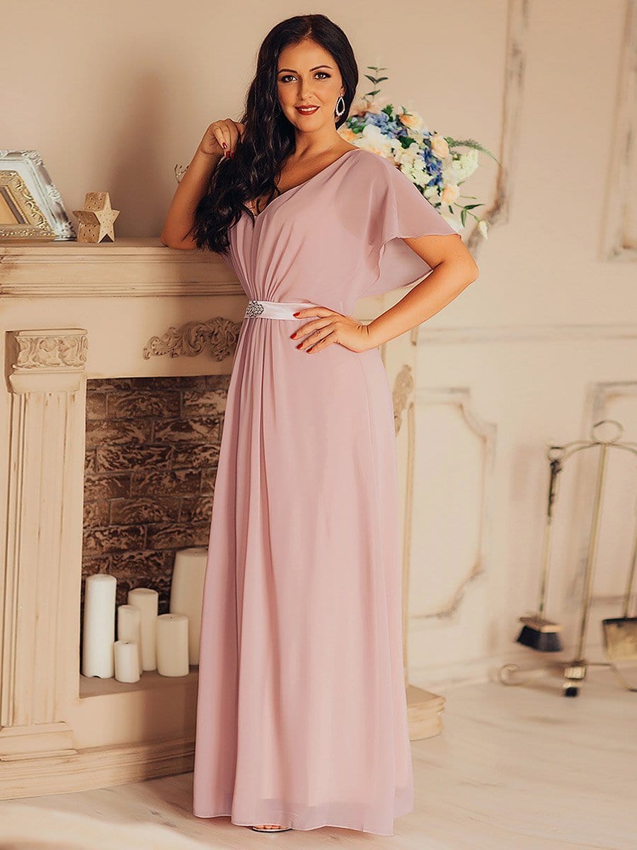 Color=Mauve | Long Flowy Evening Dress With V Neck-Mauve 8