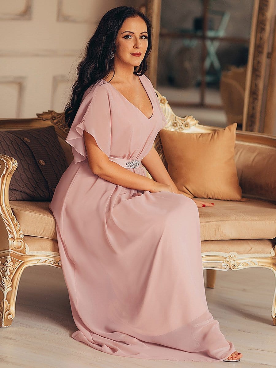 Color=Mauve | Long Flowy Evening Dress With V Neck-Mauve 9