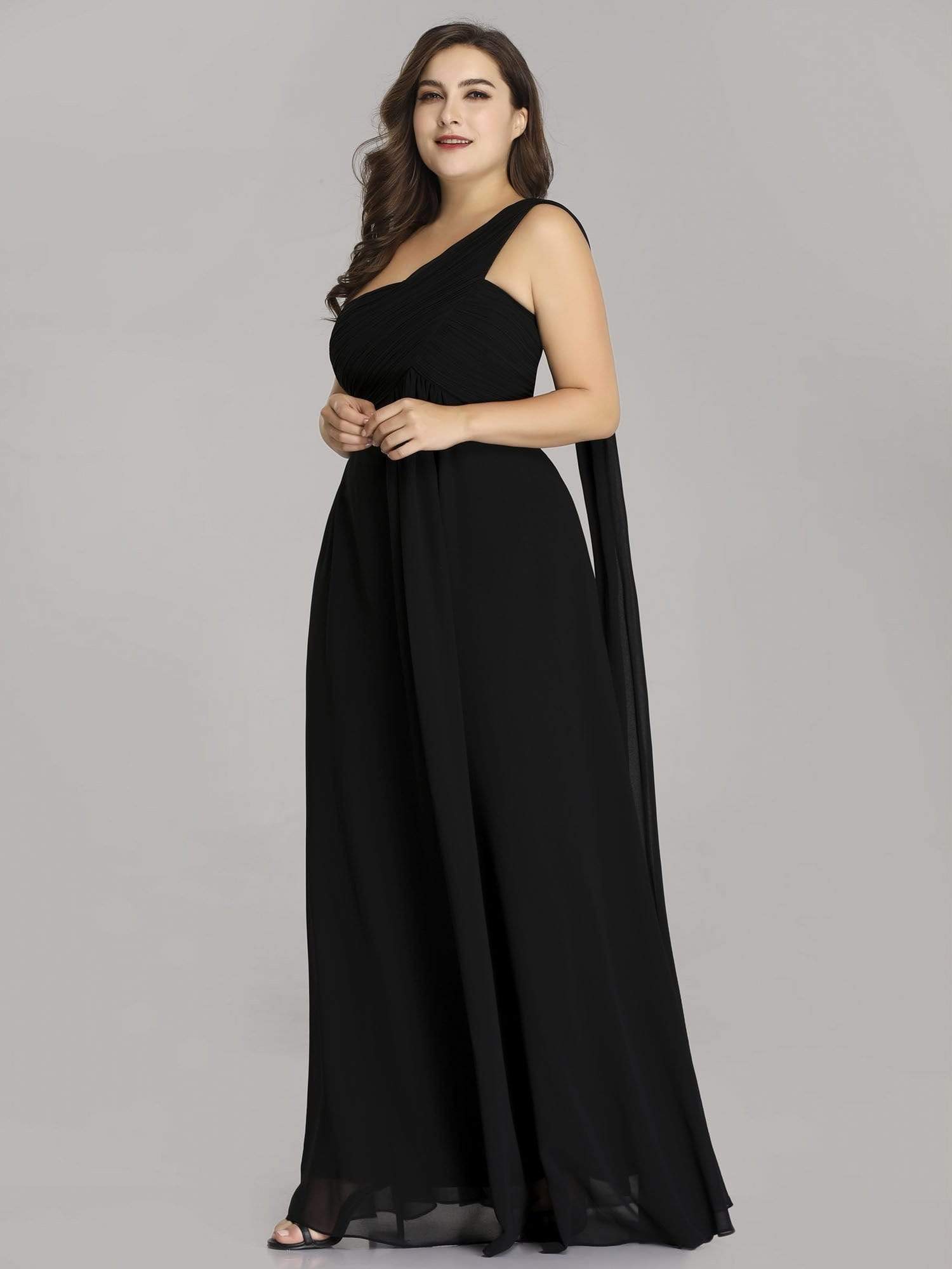 Color=Black | Plus Size One Shoulder Evening Dress-Black 3