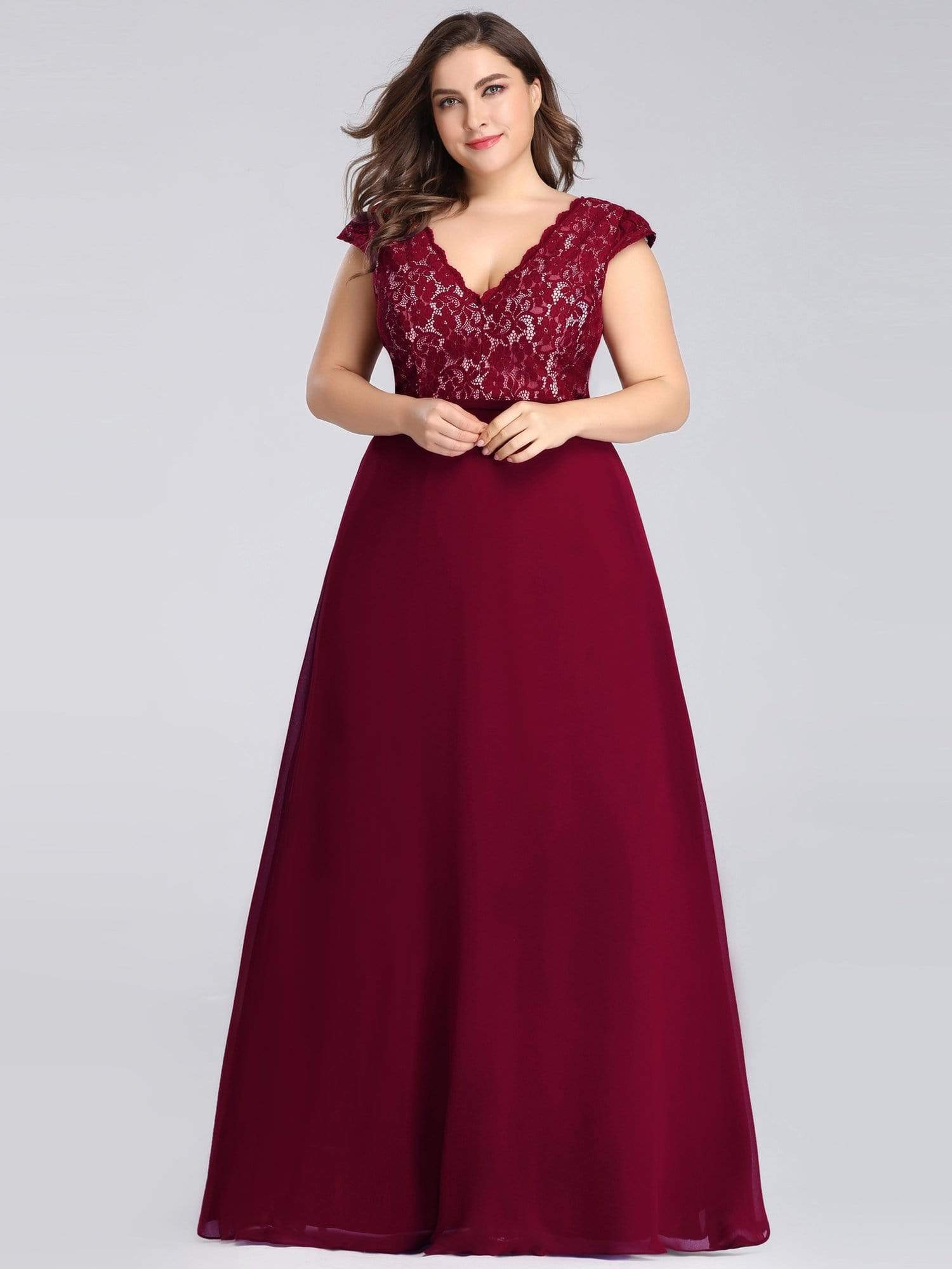 Color=Burgundy | Plus Size Long Evening Dress With Lace Bust-Burgundy 4