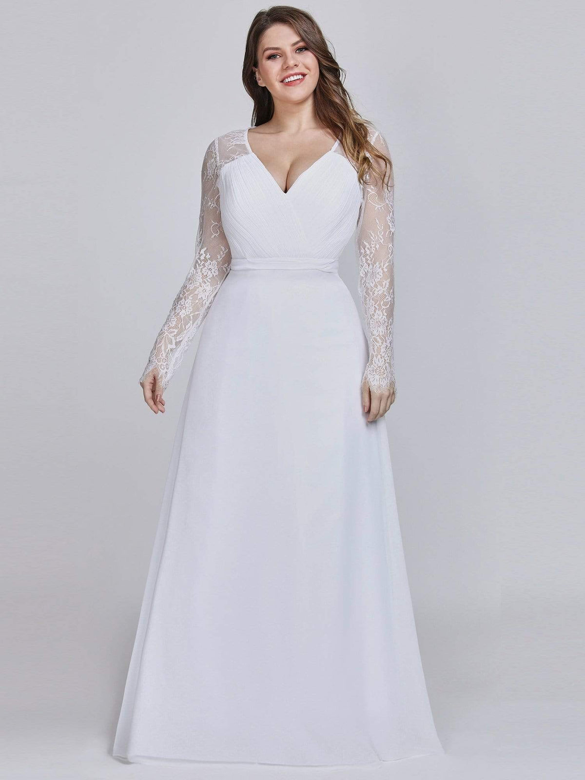 Color=White | Plus Size V Neck Long Evening Gown With Lace Sleeves-White 1